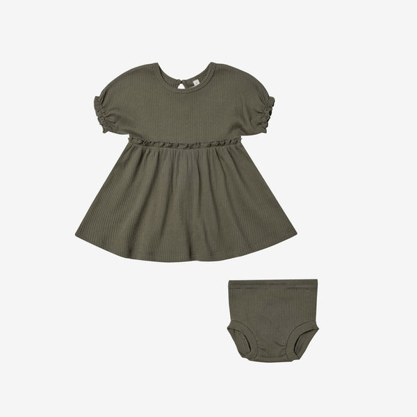 Annie Organic Ribbed Dress + Bloomer Set - Forest