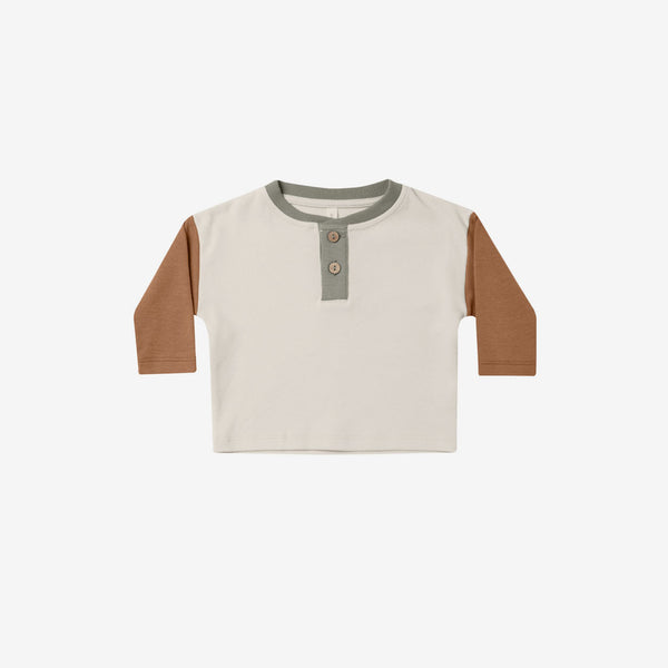 Organic Brushed Jersey L/S Henley Tee - Colorblock