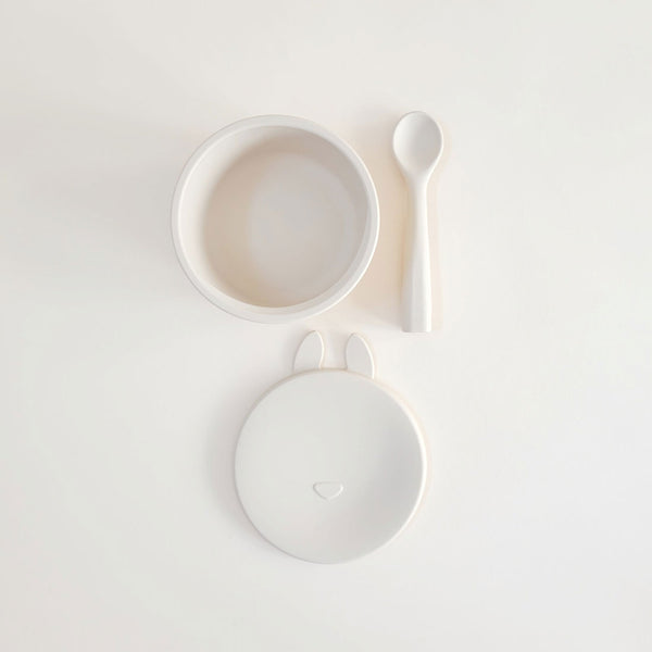 Bunny Shape Silicone Suction Bowl + Spoon - Cream