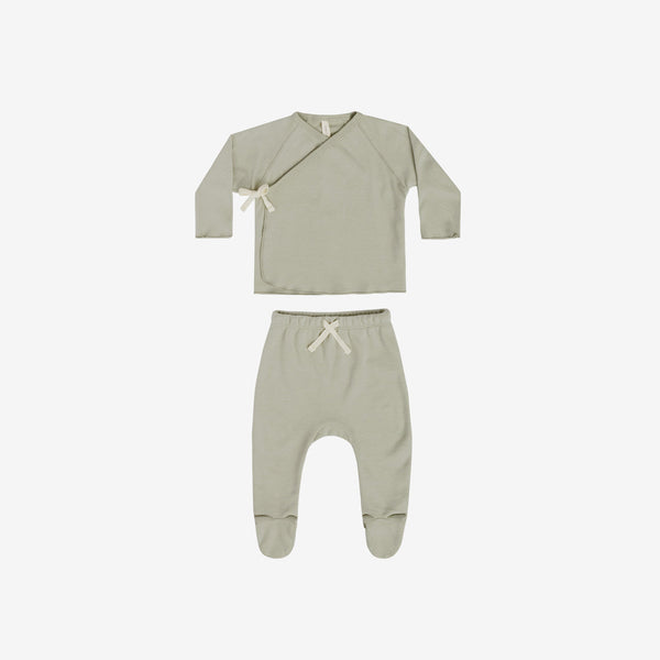 Organic Brushed Jersey Wrap Top + Footed Pant Set - Pistachio