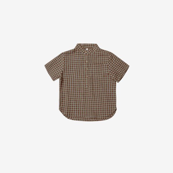 Mason Linen-Blend Woven S/S Shirt - Chocolate+Pool Gingham